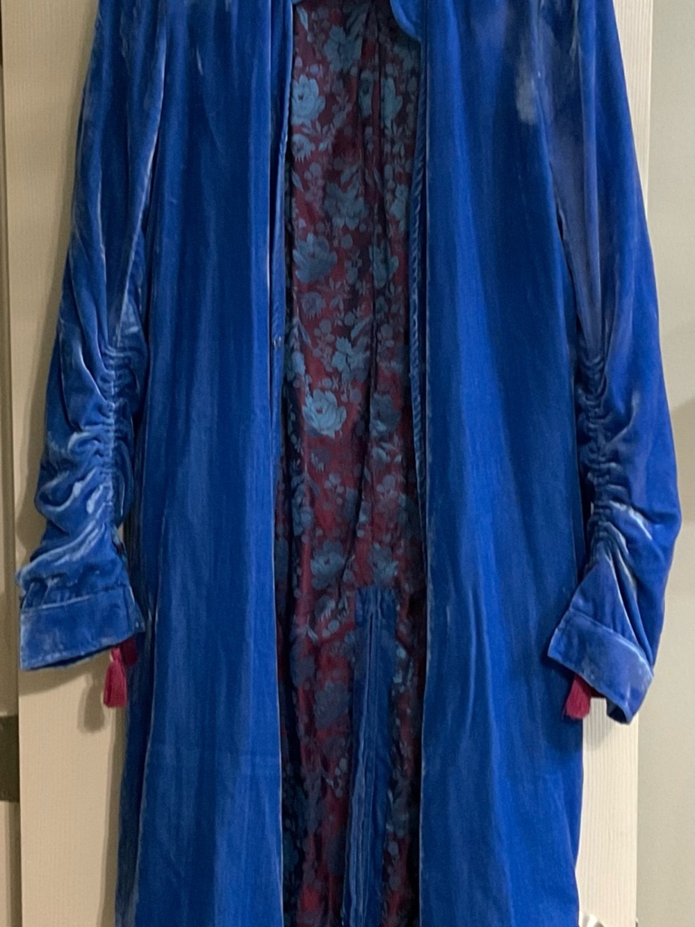 Free People Royal Blue Velvet Trench Coat with Burgundy Floral Lining